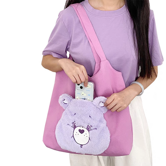 Carebears canvas shoulder bag women's embroidered fur plush tote bag