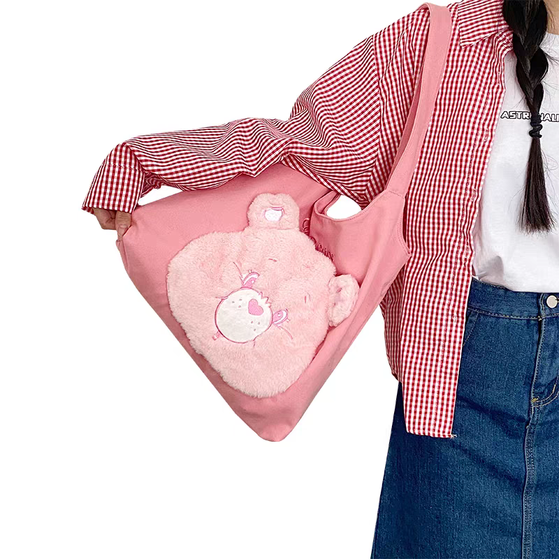 Carebears canvas shoulder bag women's embroidered fur plush tote bag